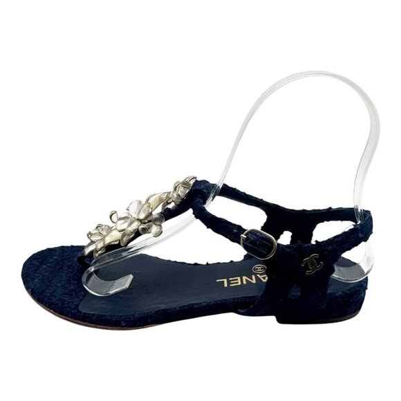 Chanel Sandals Women’s T-Strap Tweed Floral Camellia Navy Size 37 Karl Lagerfeld - Picture 3 of 7